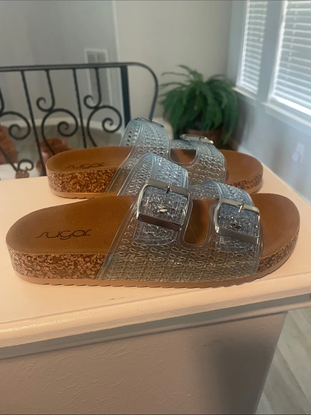 Sugar Light Blue Jelly Double-Buckle Slide Sandals with Brown Footbed